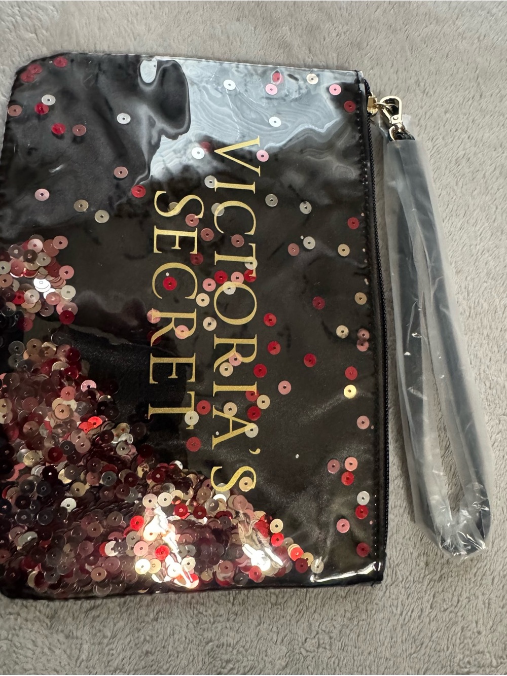 Victoria's Secret Black Sequin Wristlet with Gold Logo